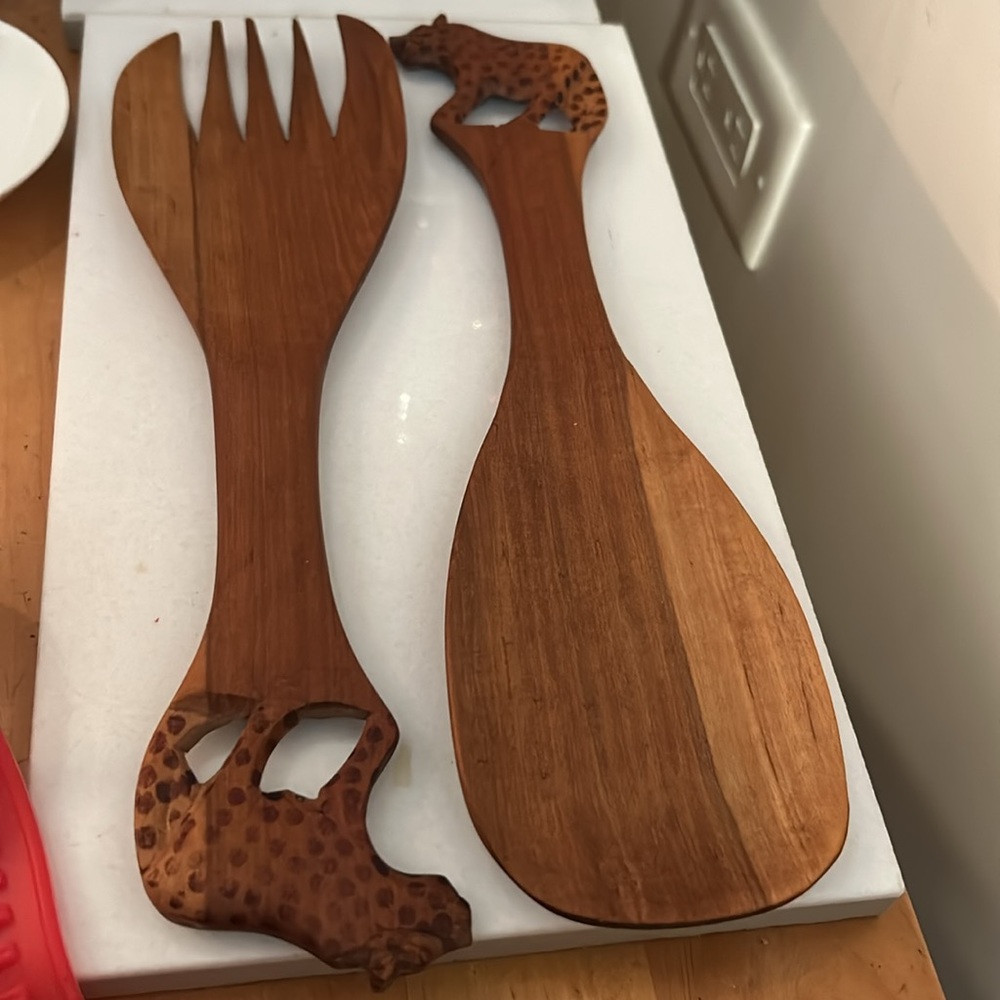 Vintage Carved Wooden Serving UTENSILS with Animal Motif, Pair of 2